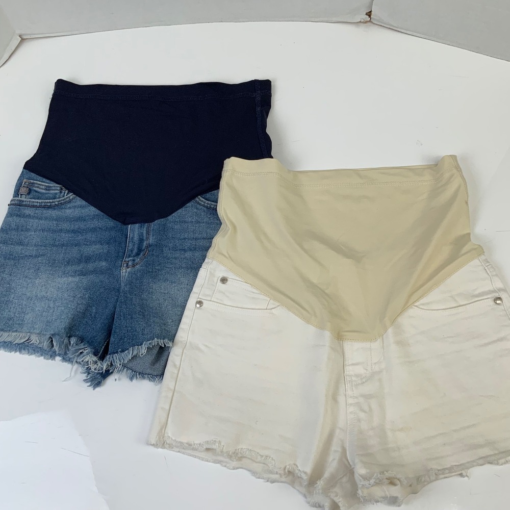 Pink Blush Sz Small Frayed Hem Denim Jean Maternity Shorts Cream Blue